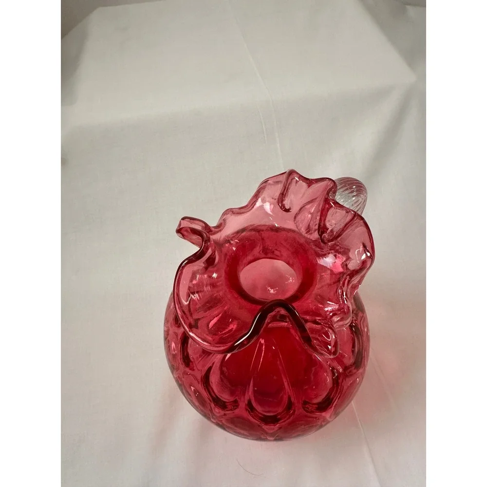 Fenton Cranberry Glass Pitcher Ruffled Rim Applied Reeded‎ Handle Optic Rib Red